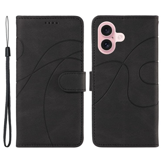 For iPhone 16 Case Flip PU Leather Phone Cover with Curved Line - Black
