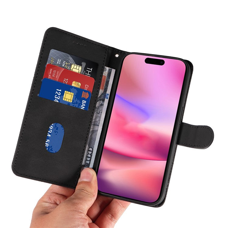 For iPhone 16 Case Flip PU Leather Phone Cover with Curved Line - Black