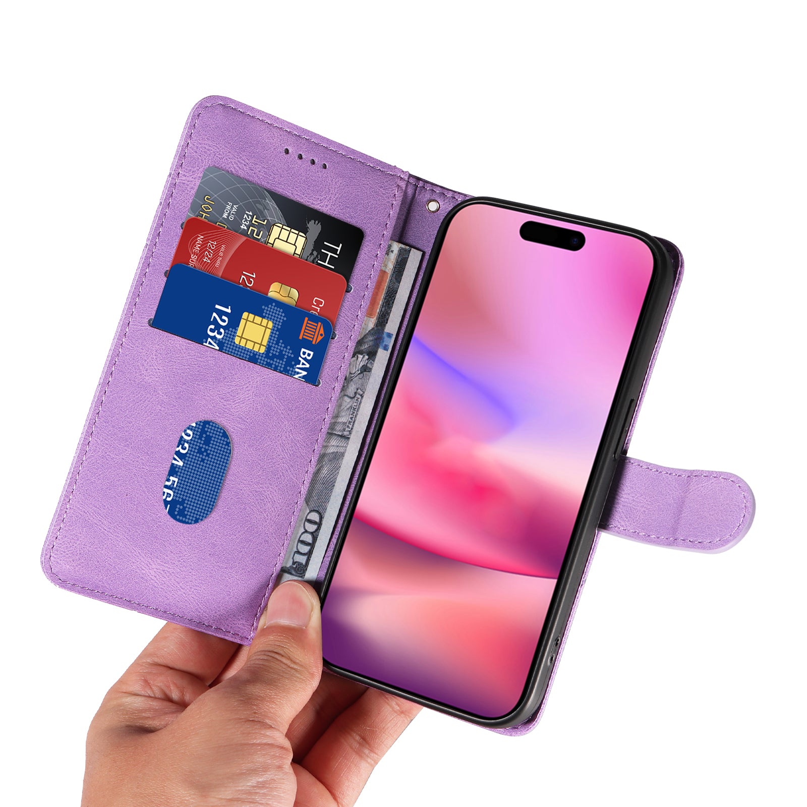 For iPhone 16 Case Flip PU Leather Phone Cover with Curved Line - Light Purple