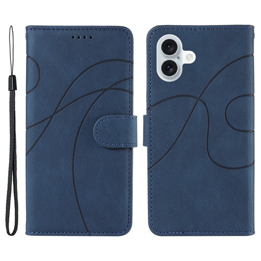 For iPhone 16 Plus Case Curved Line Imprint Leather Wallet Stand Phone Cover -  Blue