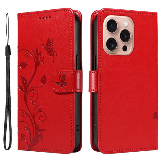 For iPhone 16 Pro Case PU Leather Flip Phone Cover Imprint Butterfly Flower - Red