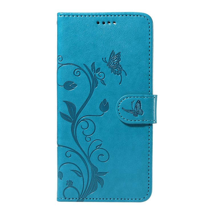 For iPhone 16 Pro Case PU Leather Flip Phone Cover Imprint Butterfly Flower - Blue