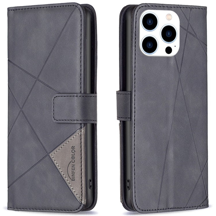 BINFEN COLOR BF05 For iPhone 16 Pro Case Leather Wallet Phone Cover Geometric Imprinted -  Black
