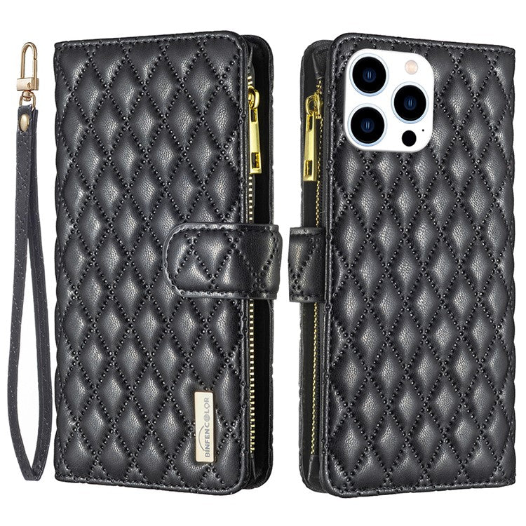 BINFEN COLOR BF Style-15 For iPhone 16 Pro Case Rhombus Leather Phone Cover with Zipper - Black