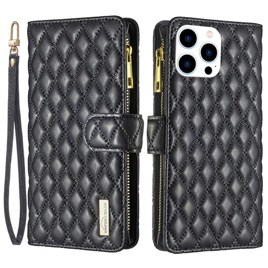 BINFEN COLOR BF Style-15 For iPhone 16 Pro Case Rhombus Leather Phone Cover with Zipper - Black