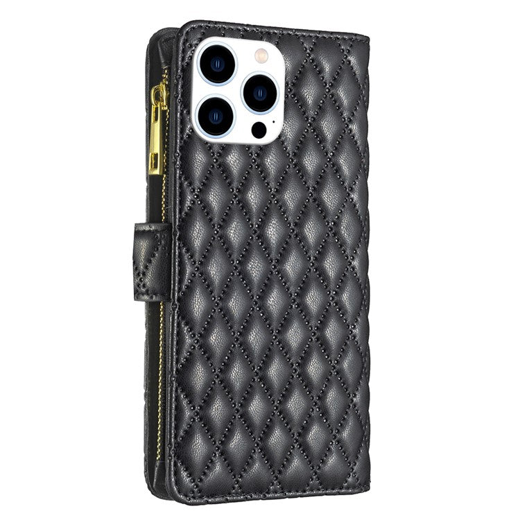BINFEN COLOR BF Style-15 For iPhone 16 Pro Case Rhombus Leather Phone Cover with Zipper - Black