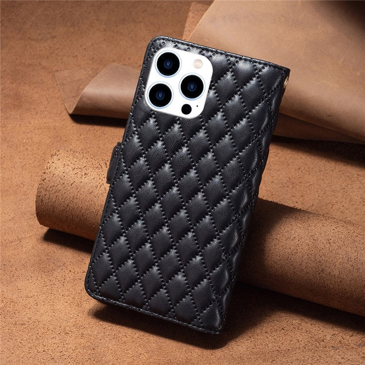 BINFEN COLOR BF Style-15 For iPhone 16 Pro Case Rhombus Leather Phone Cover with Zipper - Black