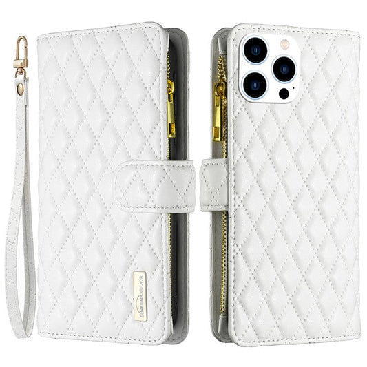 BINFEN COLOR BF Style-15 For iPhone 16 Pro Case Rhombus Leather Phone Cover with Zipper - White