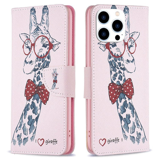 For iPhone 16 Pro Leather Case Pattern Printing Wallet Stand Phone Cover -  Giraffe