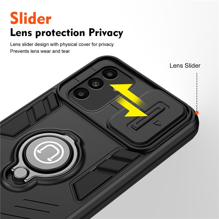 For Samsung Galaxy A15 4G / A15 5G / F15 5G / M15 5G Kickstand Phone Case Slide Lens Cover - Black