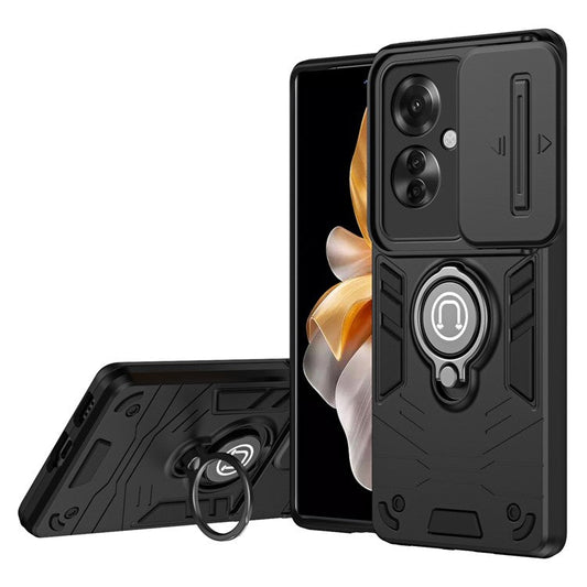 Ring Holder Kickstand Phone Shell for Oppo Reno11 F 5G / F25 Pro 5G Case Slide Lens Lid Phone Cover - Black