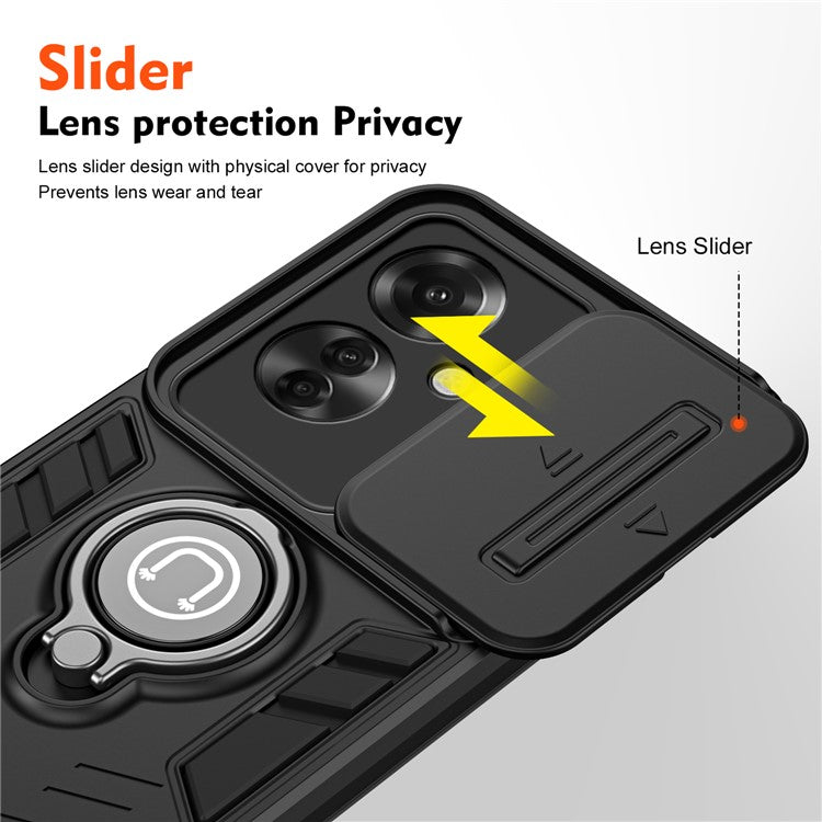 Ring Holder Kickstand Phone Shell for Oppo Reno11 F 5G / F25 Pro 5G Case Slide Lens Lid Phone Cover - Black