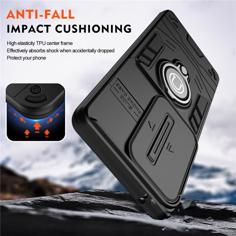 Ring Holder Kickstand Phone Shell for Oppo Reno11 F 5G / F25 Pro 5G Case Slide Lens Lid Phone Cover - Black