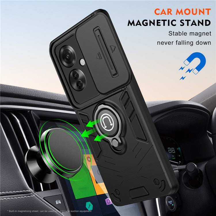 Ring Holder Kickstand Phone Shell for Oppo Reno11 F 5G / F25 Pro 5G Case Slide Lens Lid Phone Cover - Black