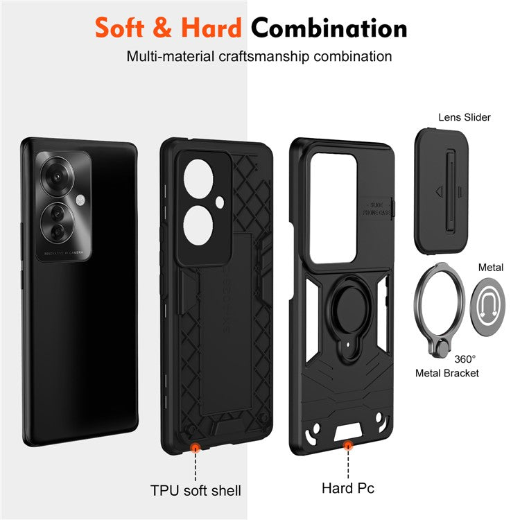 Ring Holder Kickstand Phone Shell for Oppo Reno11 F 5G / F25 Pro 5G Case Slide Lens Lid Phone Cover - Black