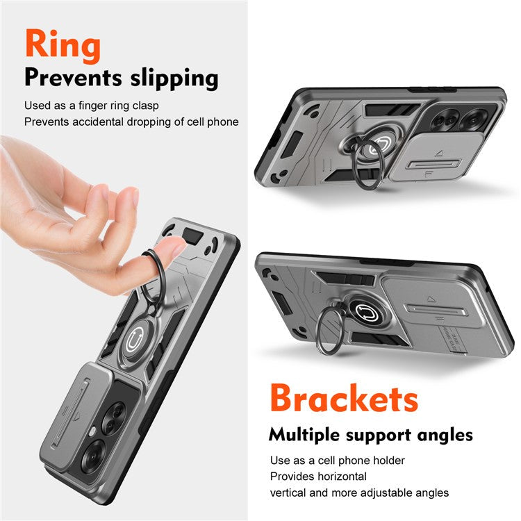 Ring Holder Kickstand Phone Shell for Oppo Reno11 F 5G / F25 Pro 5G Case Slide Lens Lid Phone Cover - Grey