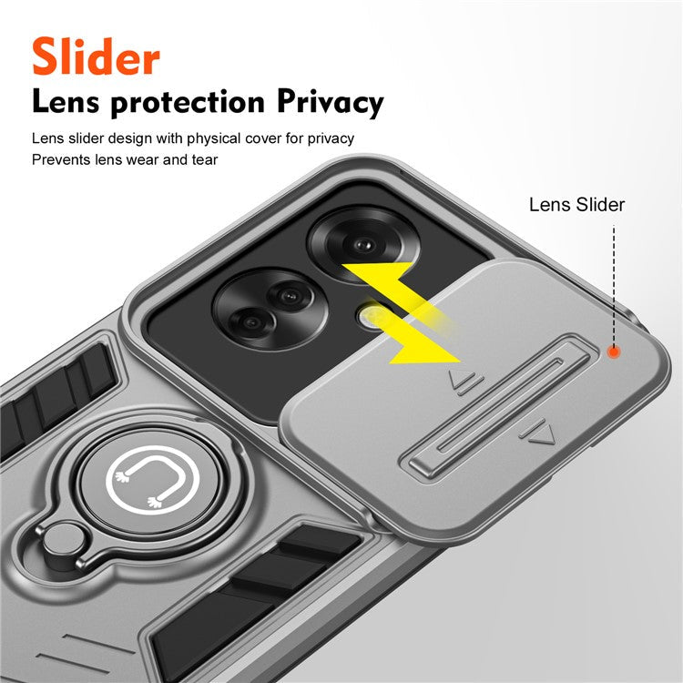 Ring Holder Kickstand Phone Shell for Oppo Reno11 F 5G / F25 Pro 5G Case Slide Lens Lid Phone Cover - Grey