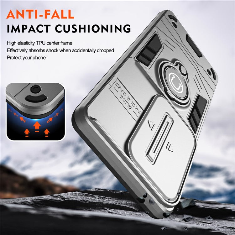 Ring Holder Kickstand Phone Shell for Oppo Reno11 F 5G / F25 Pro 5G Case Slide Lens Lid Phone Cover - Grey