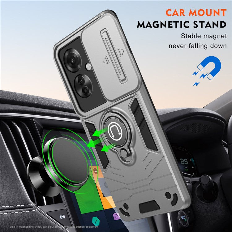 Ring Holder Kickstand Phone Shell for Oppo Reno11 F 5G / F25 Pro 5G Case Slide Lens Lid Phone Cover - Grey
