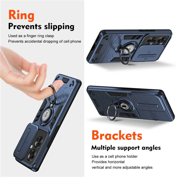 Ring Holder Kickstand Phone Shell for Oppo Reno11 F 5G / F25 Pro 5G Case Slide Lens Lid Phone Cover - Blue