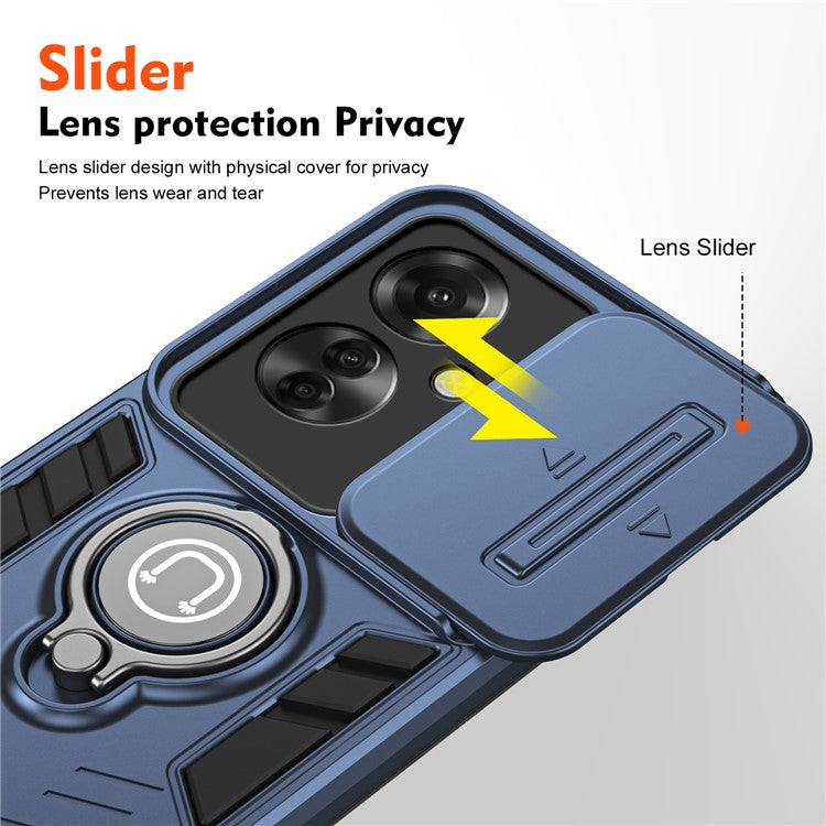 Ring Holder Kickstand Phone Shell for Oppo Reno11 F 5G / F25 Pro 5G Case Slide Lens Lid Phone Cover - Blue
