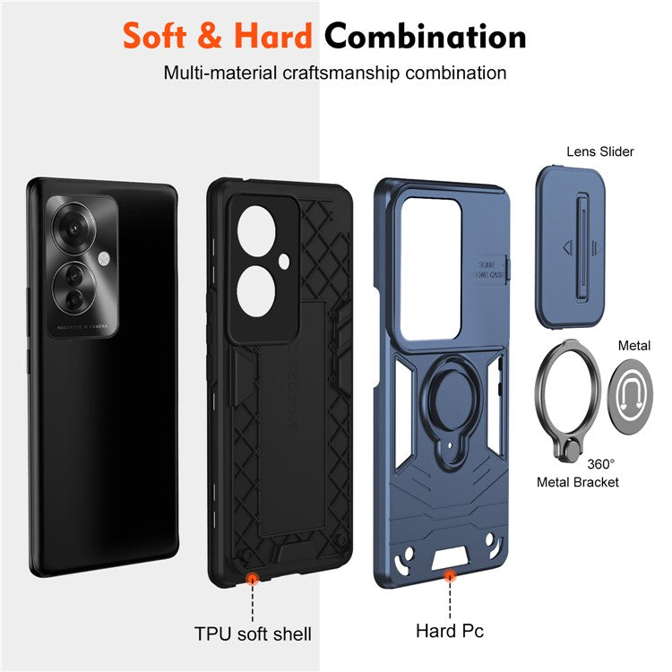 Ring Holder Kickstand Phone Shell for Oppo Reno11 F 5G / F25 Pro 5G Case Slide Lens Lid Phone Cover - Blue