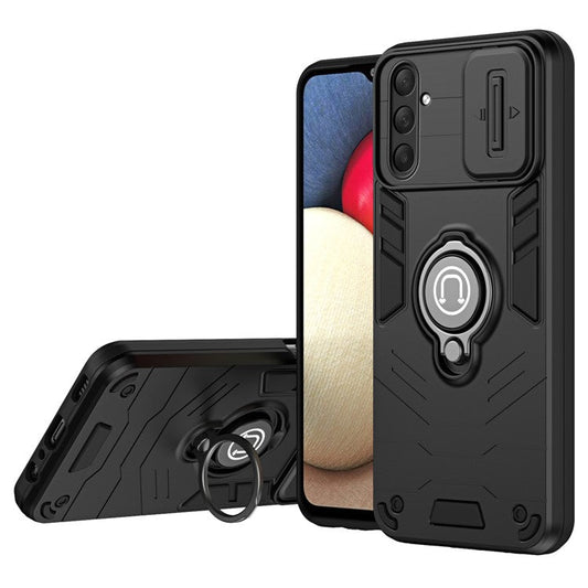 For Samsung Galaxy M54 5G / F54 5G Case Ring Kickstand PC+TPU Phone Cover with Slide Lens Guard - Black