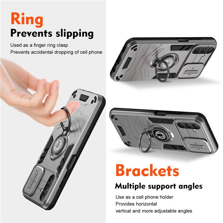 For Samsung Galaxy M54 5G / F54 5G Case Ring Kickstand PC+TPU Phone Cover with Slide Lens Guard - Grey