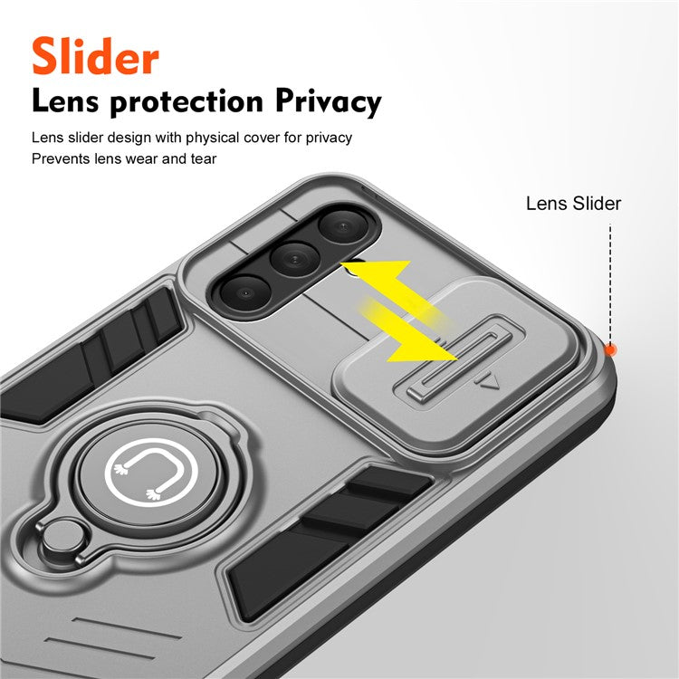 For Samsung Galaxy M54 5G / F54 5G Case Ring Kickstand PC+TPU Phone Cover with Slide Lens Guard - Grey