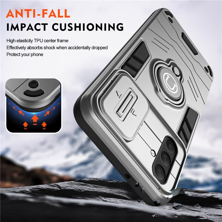 For Samsung Galaxy M54 5G / F54 5G Case Ring Kickstand PC+TPU Phone Cover with Slide Lens Guard - Grey