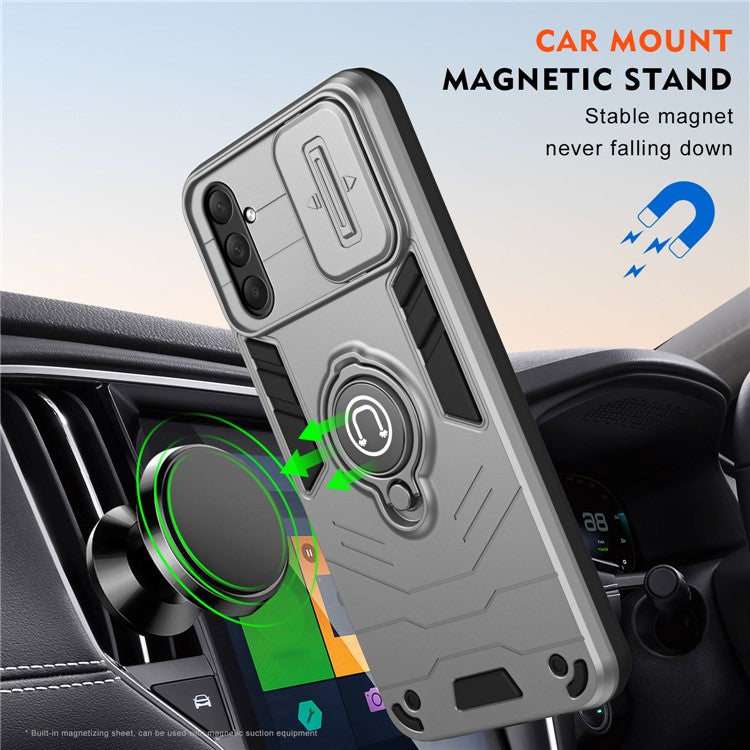 For Samsung Galaxy M54 5G / F54 5G Case Ring Kickstand PC+TPU Phone Cover with Slide Lens Guard - Grey