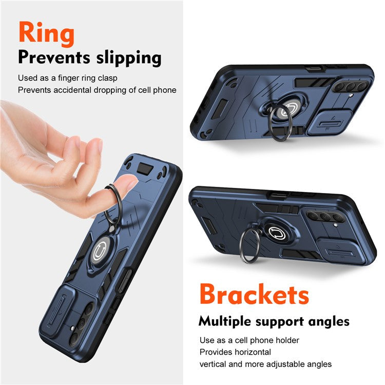 For Samsung Galaxy M54 5G / F54 5G Case Ring Kickstand PC+TPU Phone Cover with Slide Lens Guard - Blue
