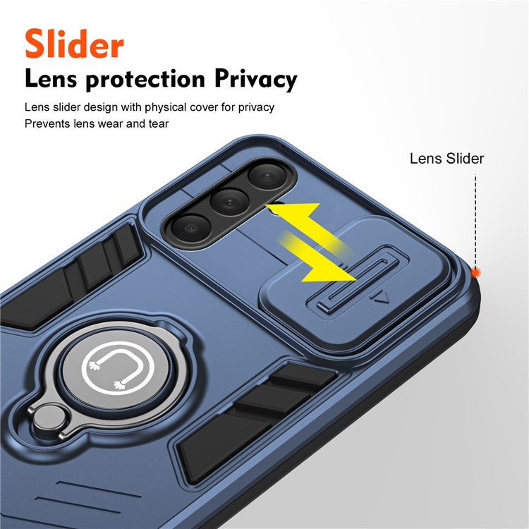 For Samsung Galaxy M54 5G / F54 5G Case Ring Kickstand PC+TPU Phone Cover with Slide Lens Guard - Blue