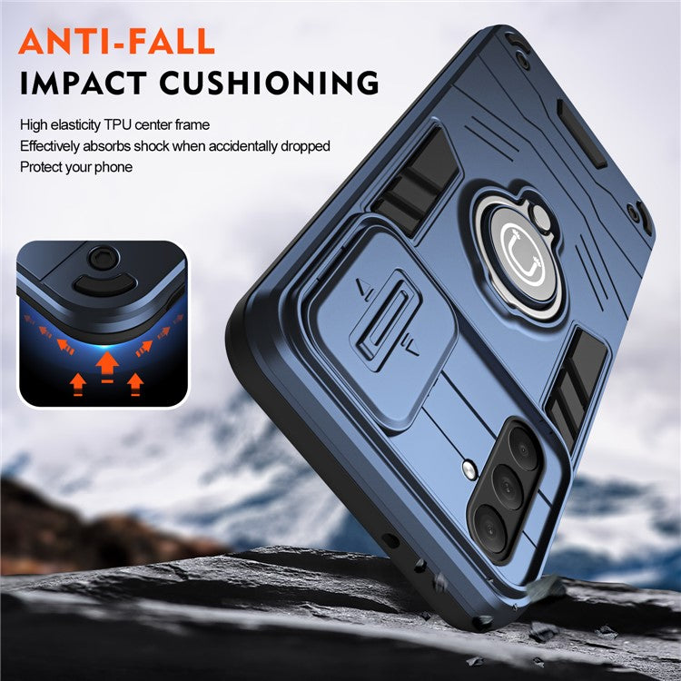 For Samsung Galaxy M54 5G / F54 5G Case Ring Kickstand PC+TPU Phone Cover with Slide Lens Guard - Blue