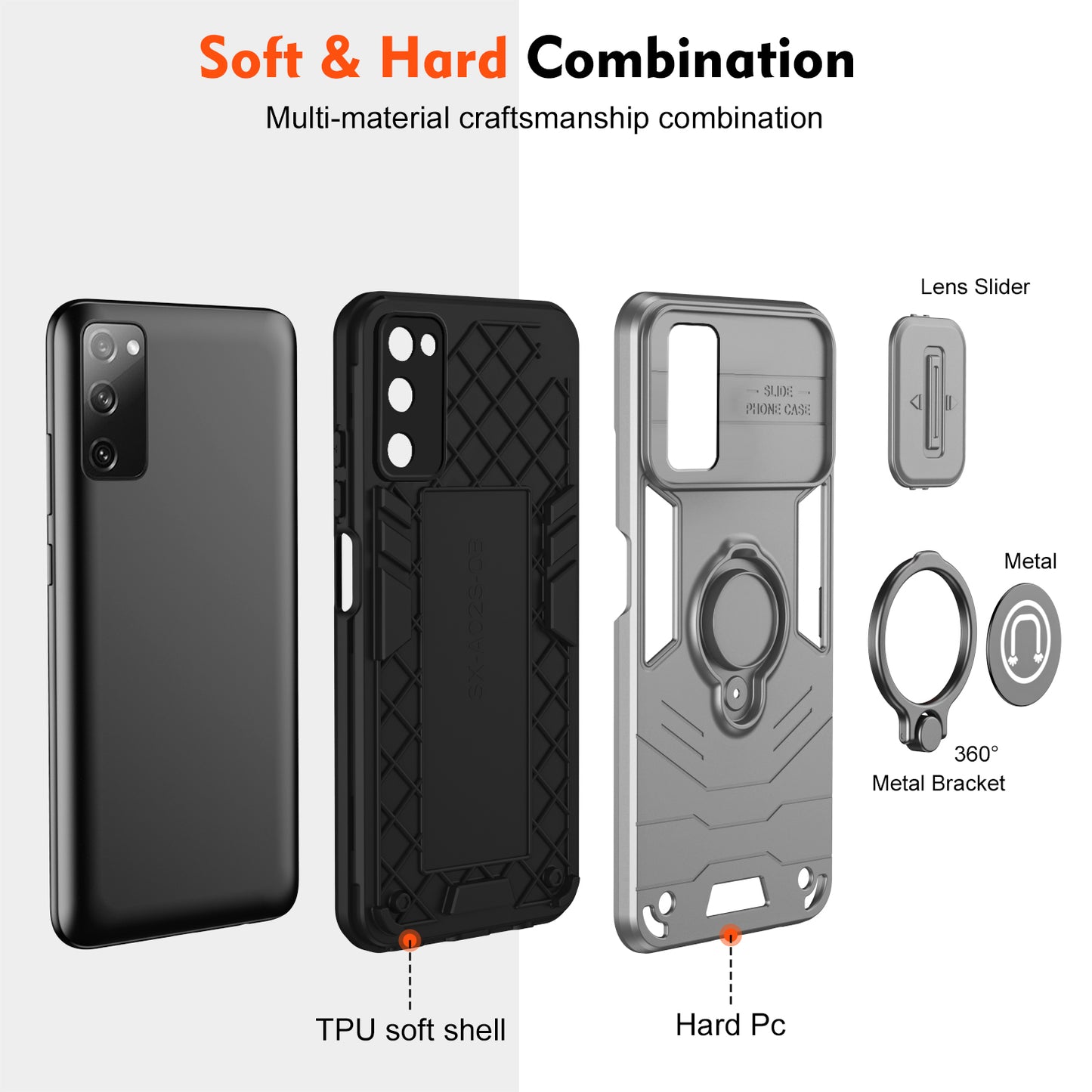 For Samsung Galaxy S20 FE 5G / S20 FE / S20 FE 2022 / S20 Lite Case Slide Lens Guard Phone Kickstand Cover - Grey