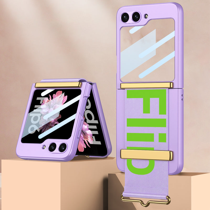 GKK For Samsung Galaxy Z Flip6 5G Case Wristband Design PU Leather+PC Phone Cover with Rear Screen Film - Purple