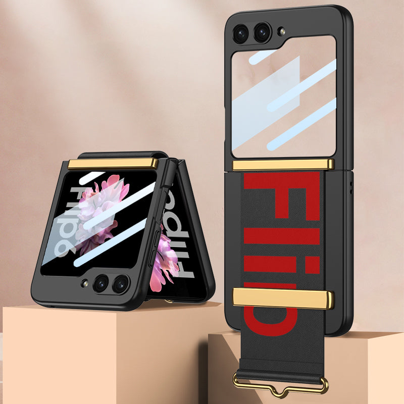 GKK For Samsung Galaxy Z Flip6 5G Case Wristband Design PU Leather+PC Phone Cover with Rear Screen Film - Black
