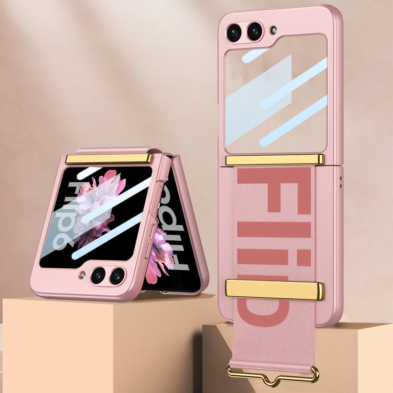 GKK For Samsung Galaxy Z Flip6 5G Case Wristband Design PU Leather+PC Phone Cover with Rear Screen Film - Pink