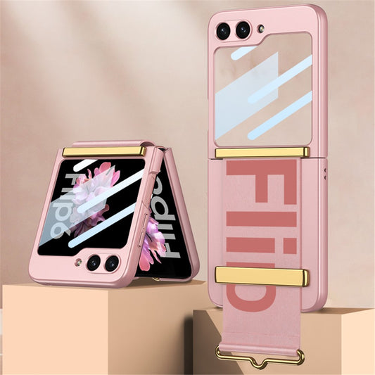 GKK For Samsung Galaxy Z Flip7 FE 5G / Z Flip6 5G Case Wristband Design PU Leather+PC Phone Cover with Rear Screen Film - Pink