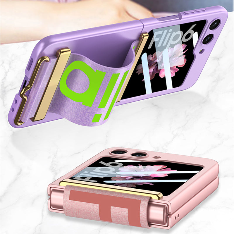 GKK For Samsung Galaxy Z Flip6 5G Case Wristband Design PU Leather+PC Phone Cover with Rear Screen Film - Pink