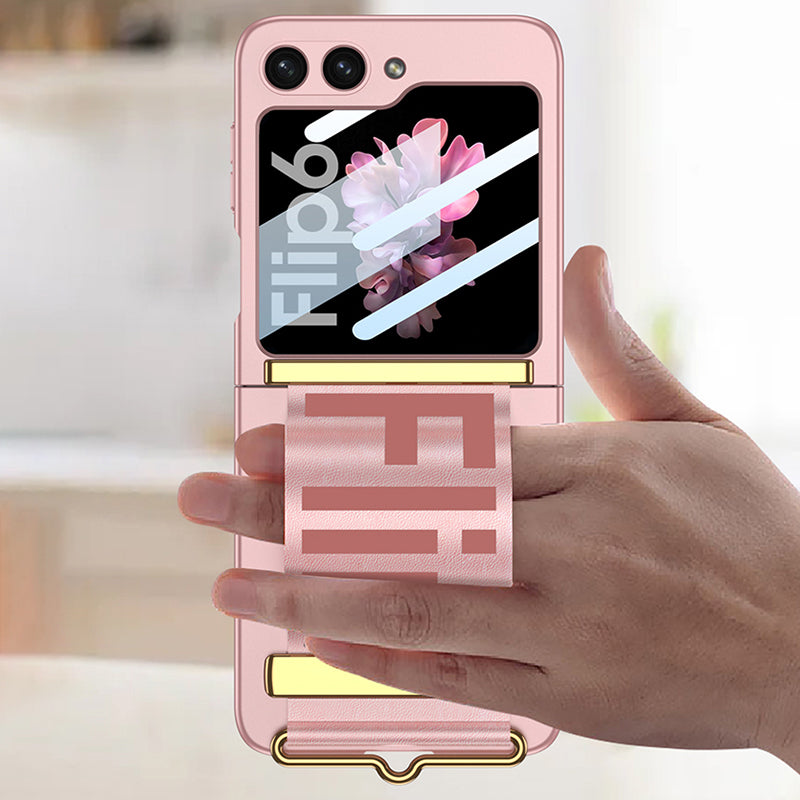 GKK For Samsung Galaxy Z Flip6 5G Case Wristband Design PU Leather+PC Phone Cover with Rear Screen Film - Pink
