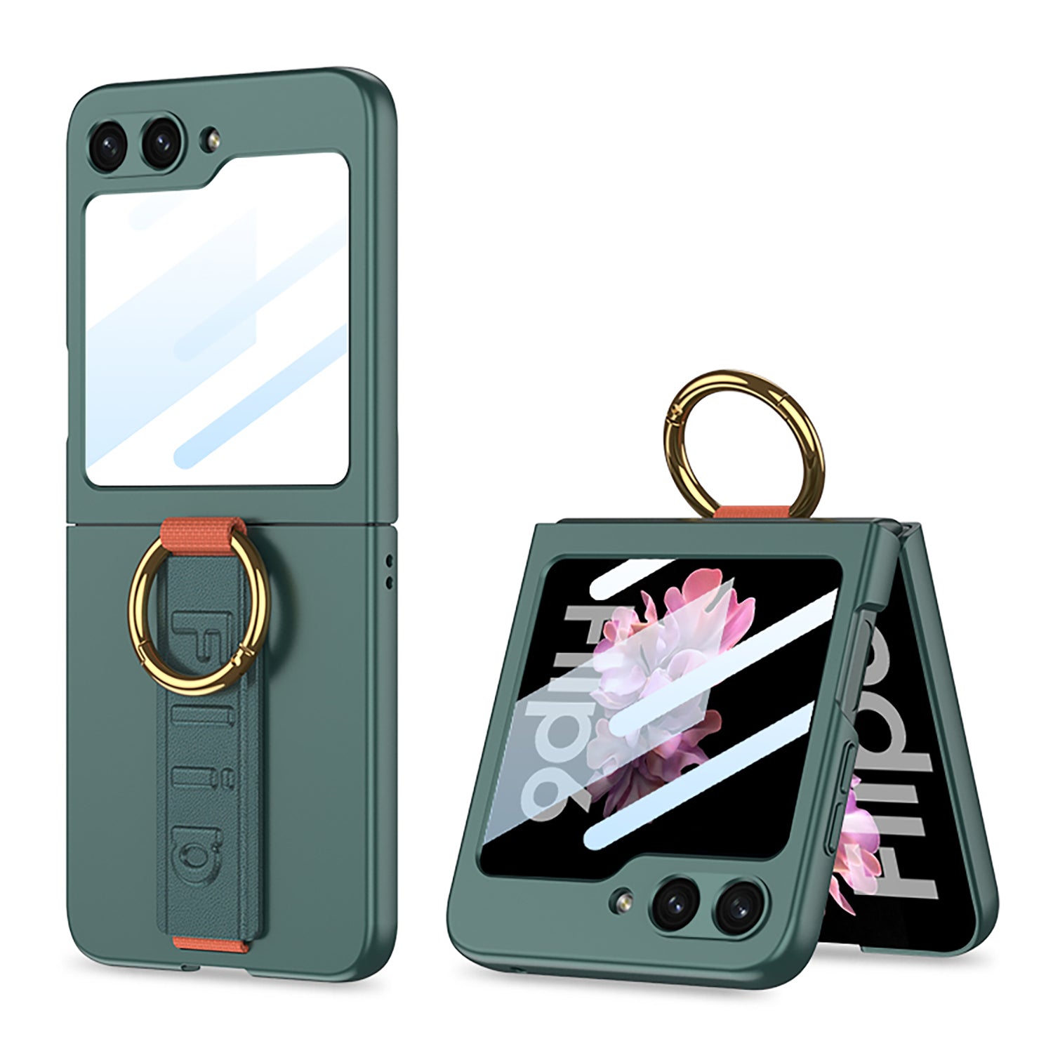 GKK For Samsung Galaxy Z Flip6 5G Case Ring Holder Hand Strap PC Phone Cover with Rear Screen Film - Green