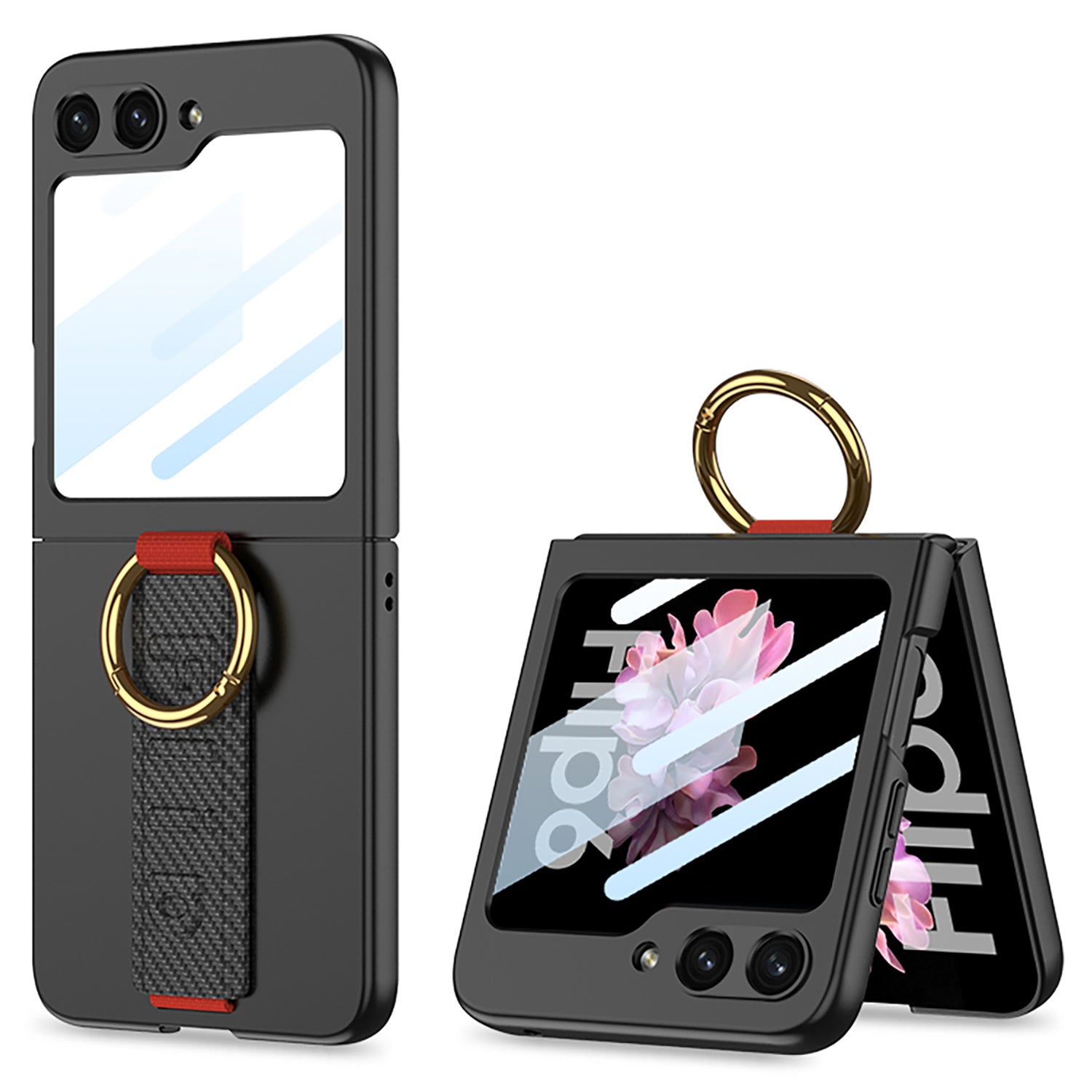 GKK For Samsung Galaxy Z Flip6 5G Case Ring Holder Hand Strap PC Phone Cover with Rear Screen Film - Black