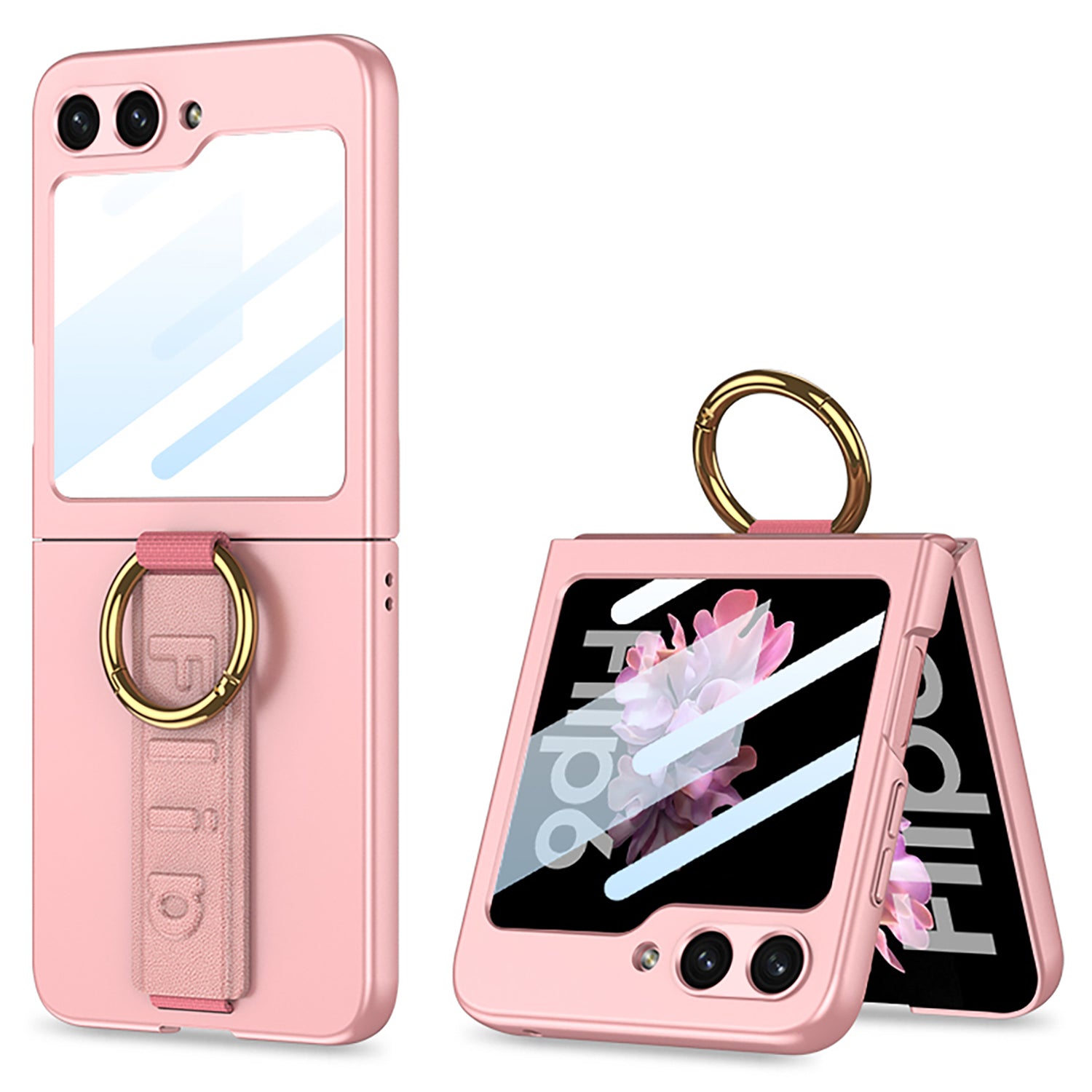 GKK For Samsung Galaxy Z Flip6 5G Case Ring Holder Hand Strap PC Phone Cover with Rear Screen Film - Pink