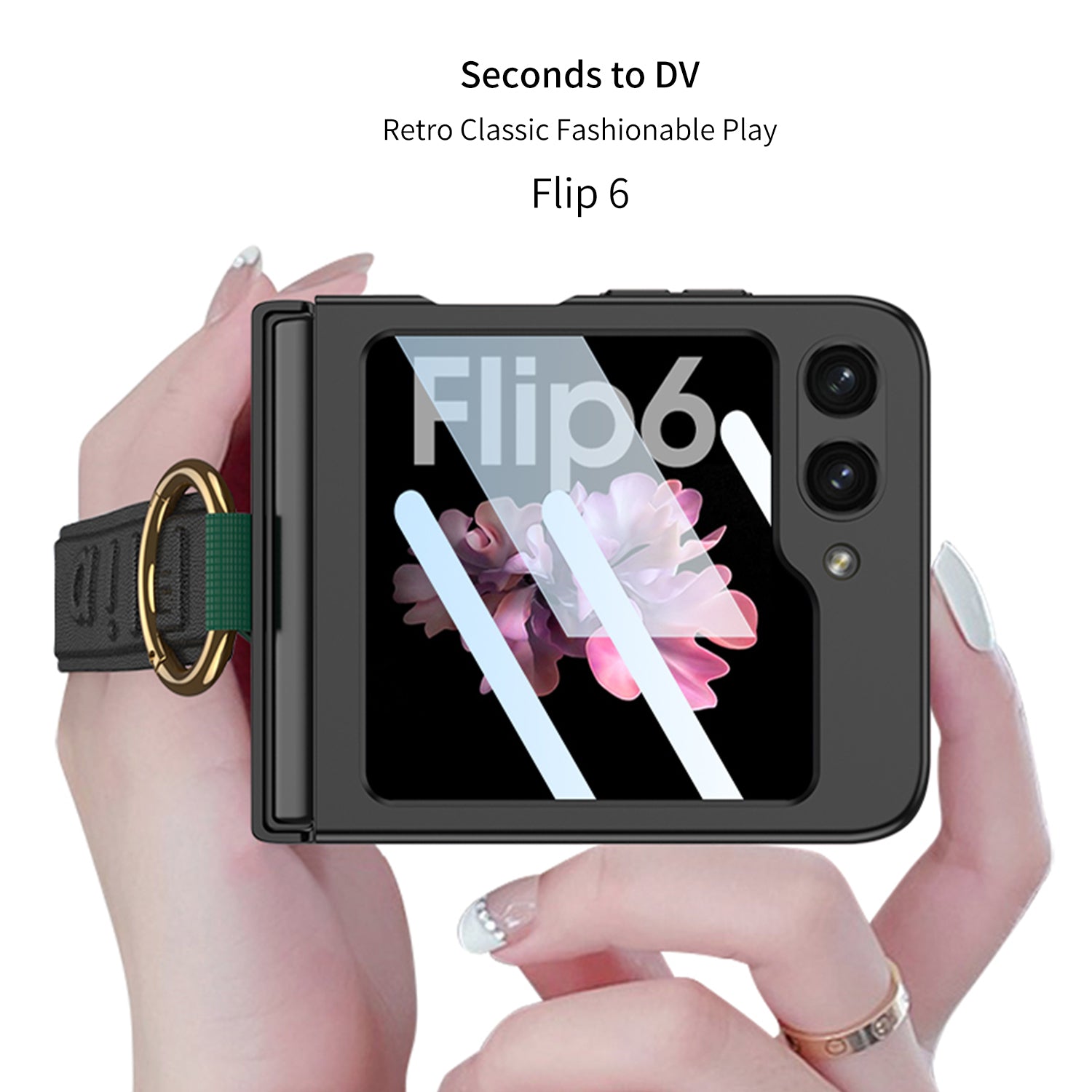 GKK For Samsung Galaxy Z Flip6 5G Case Ring Holder Hand Strap PC Phone Cover with Rear Screen Film - Pink