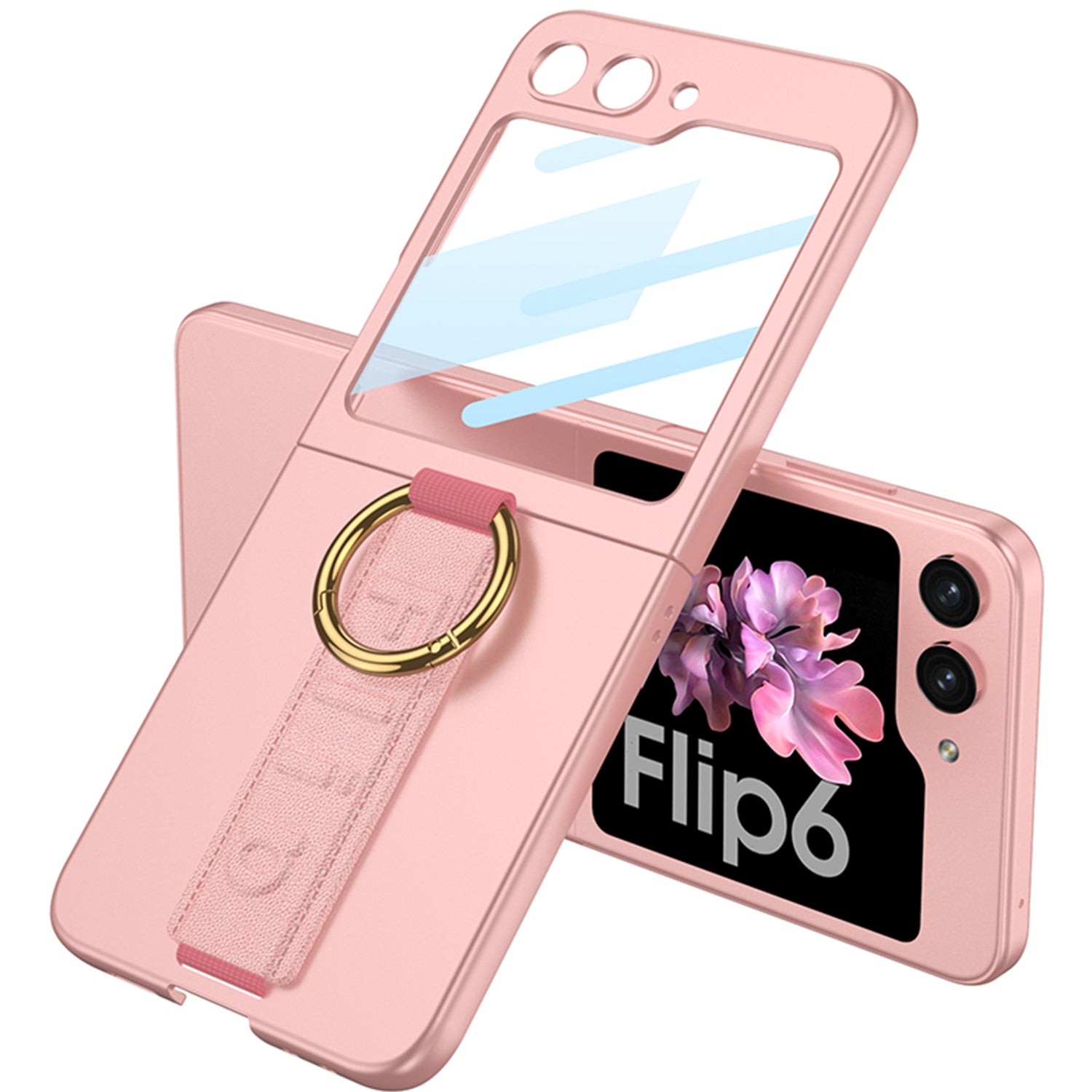 GKK For Samsung Galaxy Z Flip6 5G Case Ring Holder Hand Strap PC Phone Cover with Rear Screen Film - Pink