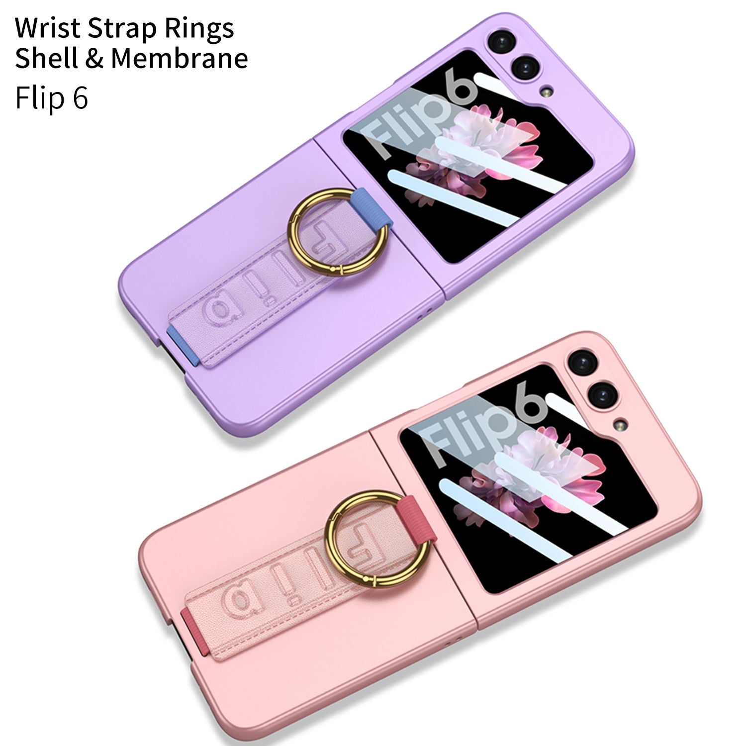 GKK For Samsung Galaxy Z Flip6 5G Case Ring Holder Hand Strap PC Phone Cover with Rear Screen Film - Pink