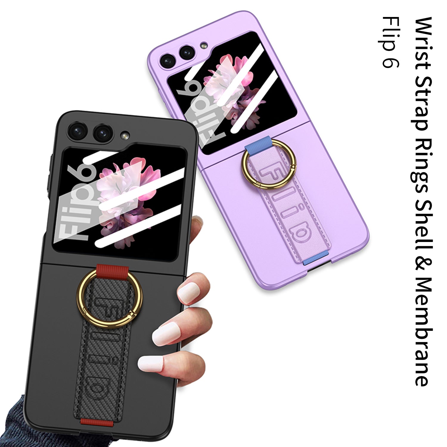 GKK For Samsung Galaxy Z Flip6 5G Case Ring Holder Hand Strap PC Phone Cover with Rear Screen Film - Pink