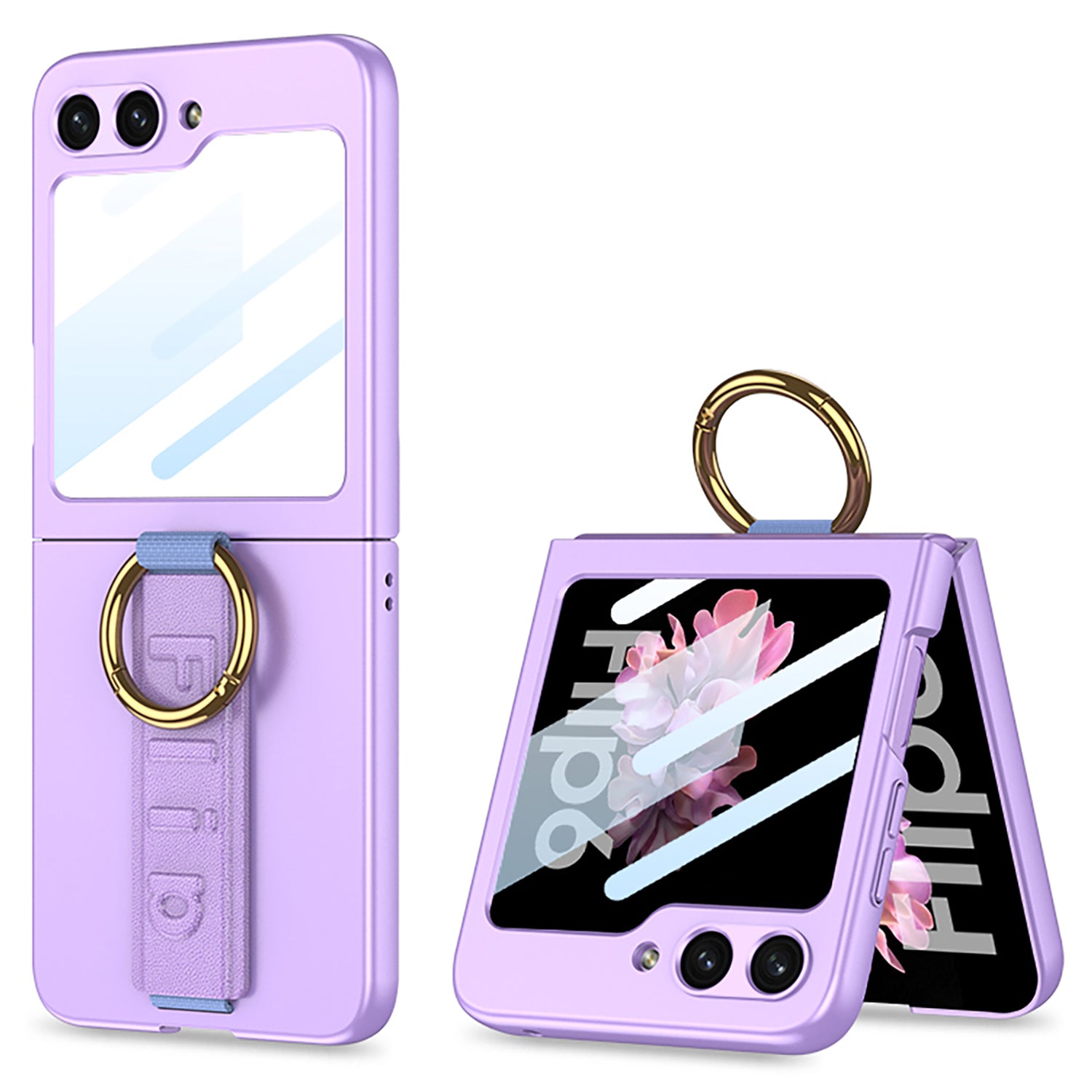 GKK For Samsung Galaxy Z Flip6 5G Case Ring Holder Hand Strap PC Phone Cover with Rear Screen Film - Purple