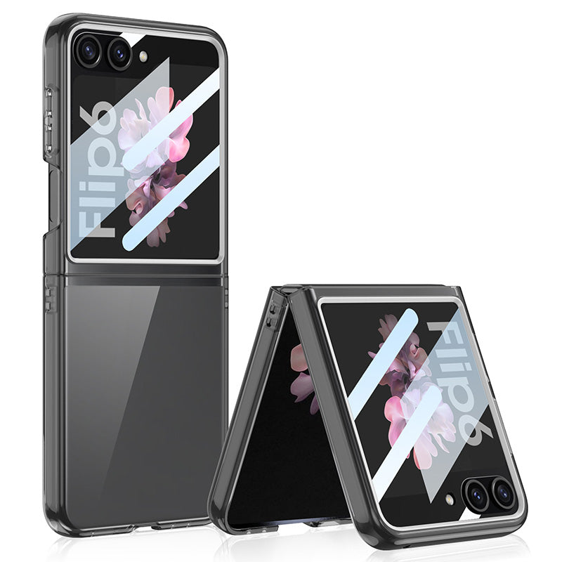 GKK For Samsung Galaxy Z Flip6 5G Case PC Phone Cover with Tempered Glass Rear Screen Film - Transparent Black